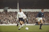LONDON, UNITED KINGDOM - OCTOBER 5:  Jimmy Greaves of Spurs outpaces David Nish of Leicester City during a First Division match between Totenham Hotspur and Leicester City at White Hart Lane on october 5, 1968 in London, England, Greaves scored a hat-trick in a 3-2 win for Spurs.  (Photo byAllsport/Getty Images)